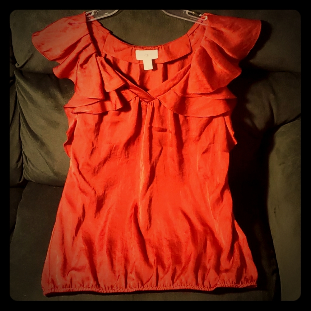 Red Ann Taylor Sleeveless Top Ruffles Medium Used
